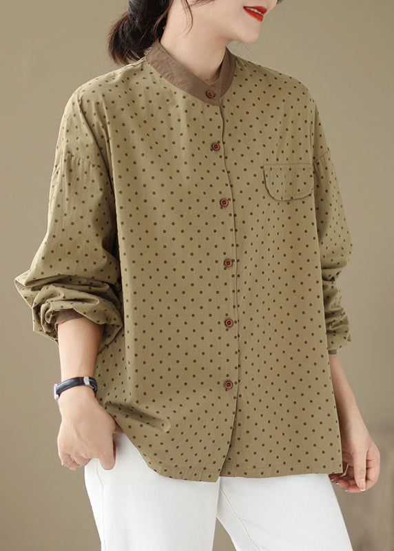 Casual Versatile Green Dot Print Plus Size Cotton Shirt Fall