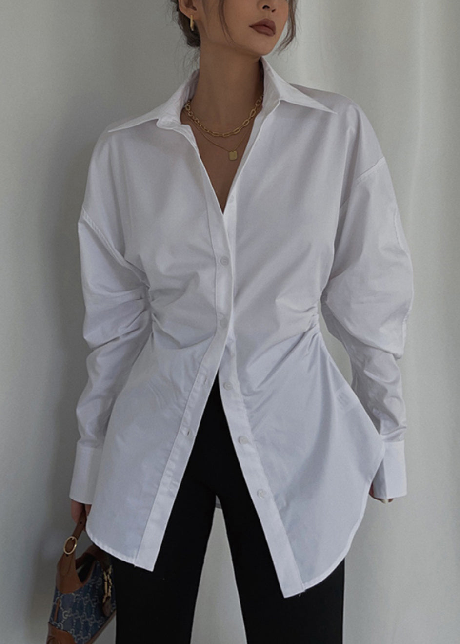 Casual White Cinched Cotton Blouse Tops Spring