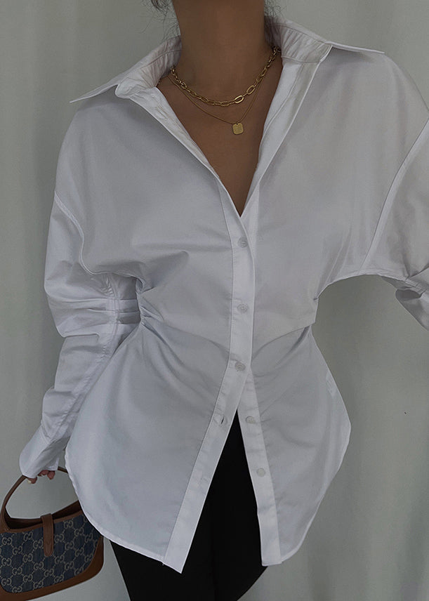 Casual White Cinched Cotton Blouse Tops Spring