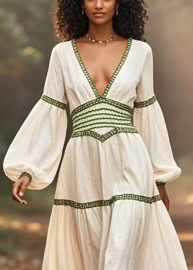 Casual White Cinched Patchwork Cotton Long Dresses Lantern Sleeve