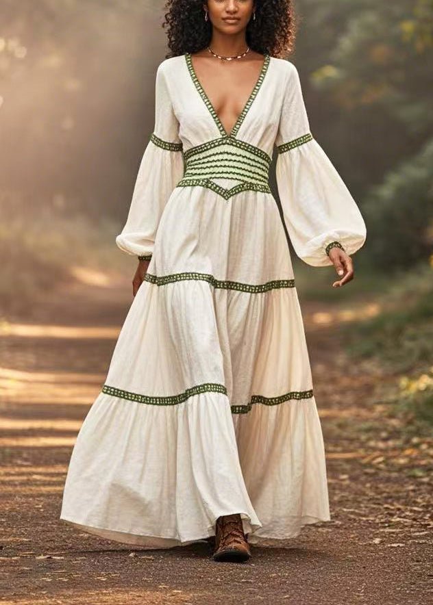 Casual White Cinched Patchwork Cotton Long Dresses Lantern Sleeve