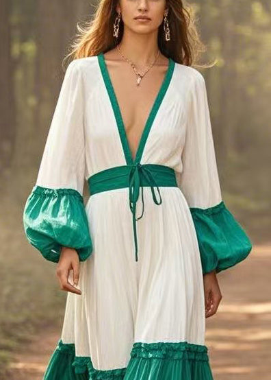 Casual White Cinched Patchwork Cotton Maxi Dresses Lantern Sleeve