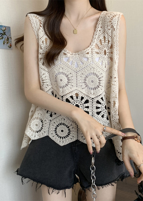 Casual White Hollow Out Oversized Knit Vests Summer