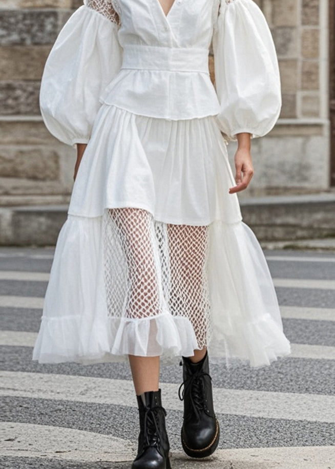 Casual White Hollow Out Patchwork Lace Cotton Vestidos Dress Puff Sleeve