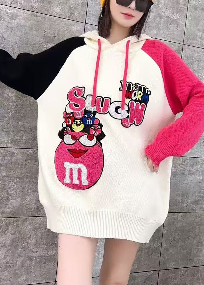 Casual White Hooded Cartoon Print Knit Top Spring