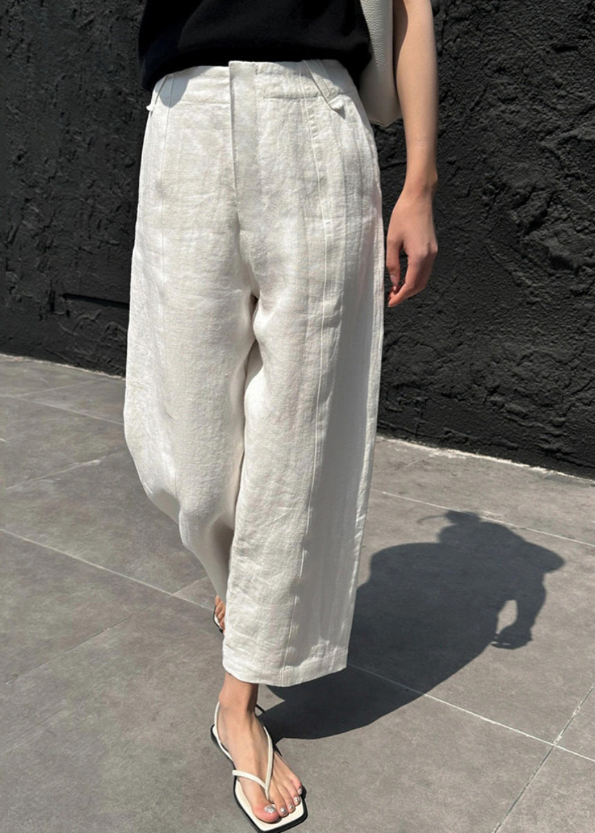 Casual White Patchwork Pockets High Waist Linen Crop Pants Summer