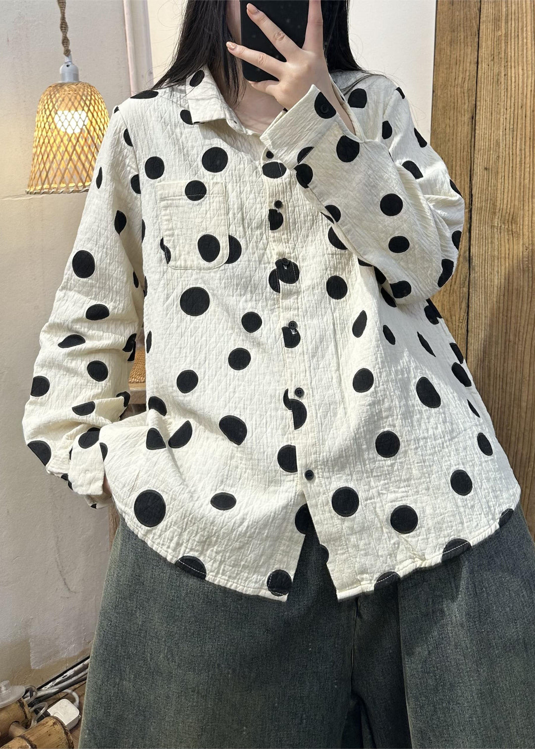 Casual White Peter Pan Collar Cotton Dot Shirt Tops Spring