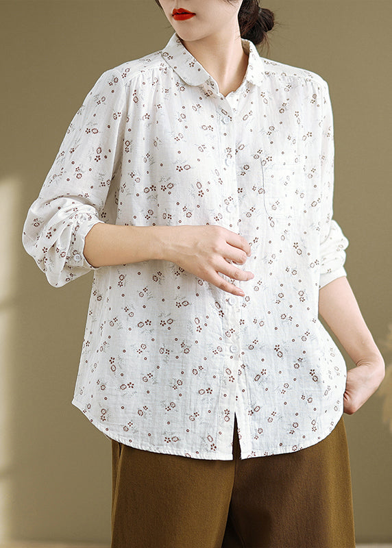 Casual White Peter Pan Collar Print Cotton Shirts Top Spring