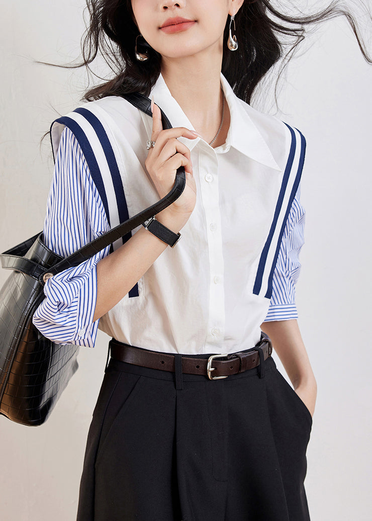 Casual White Peter Pan Collar Striped Patchwork Top Half Sleeve