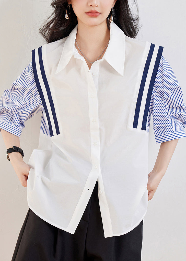 Casual White Peter Pan Collar Striped Patchwork Top Half Sleeve