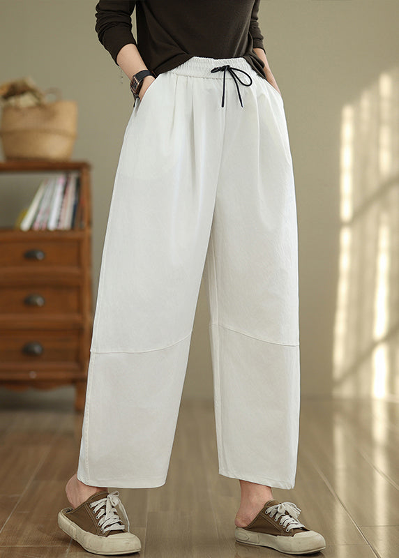 Casual White Pockets Drawstring Cotton Pants Fall