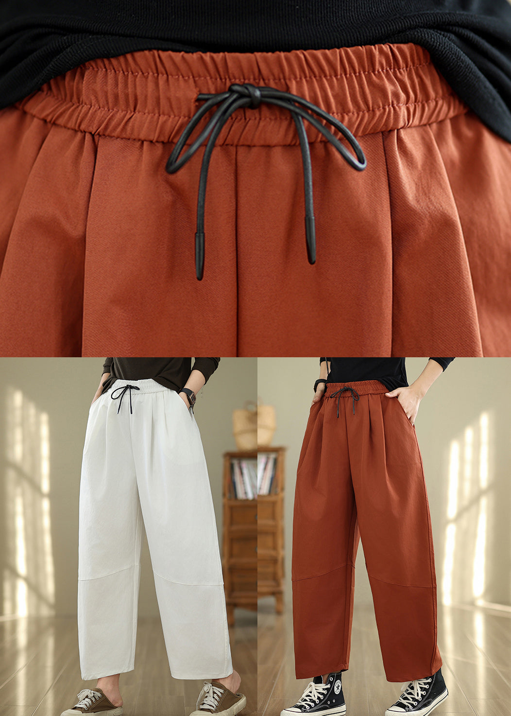 Casual White Pockets Drawstring Cotton Pants Fall