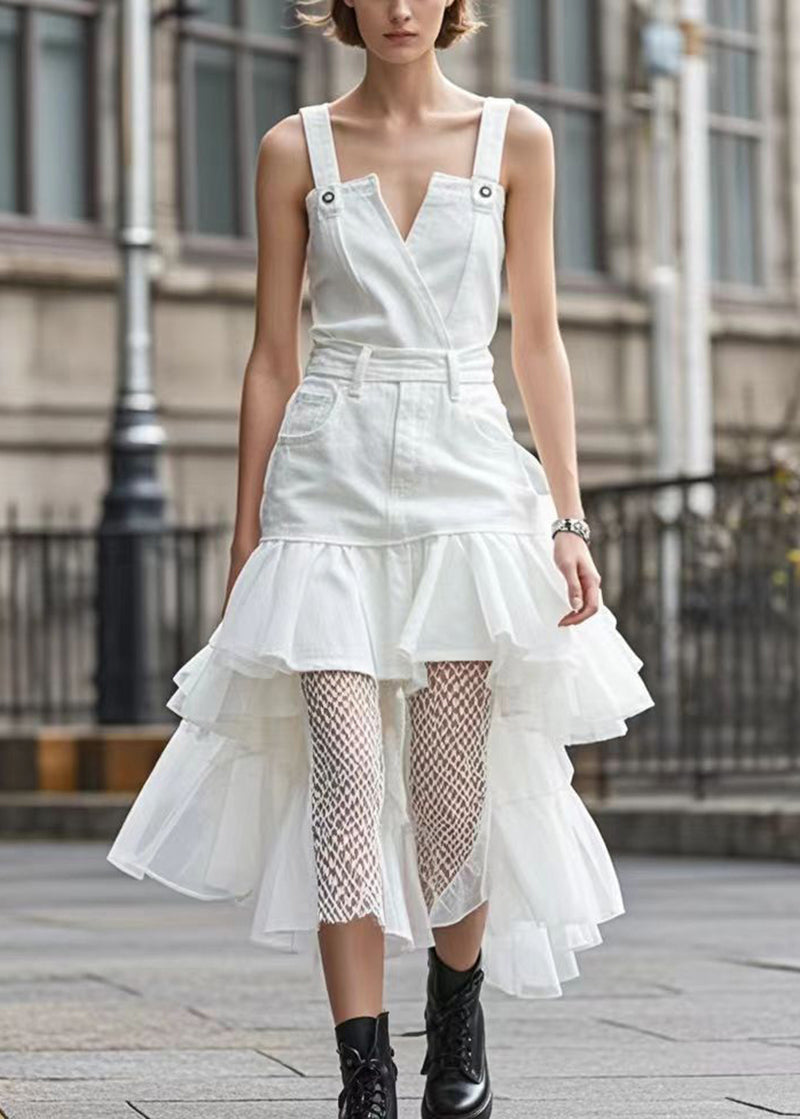 Casual White Ruffles Patchwork Organza Denim Dress Summer