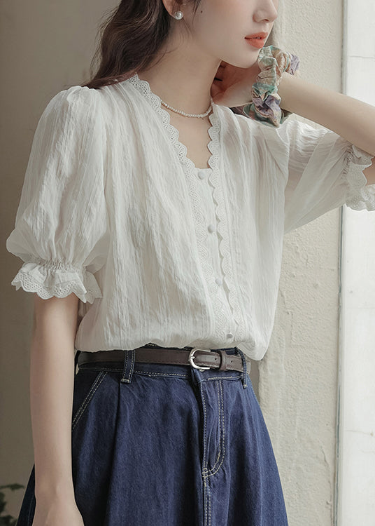 Casual White V Neck Patchwork Lace Top Summer