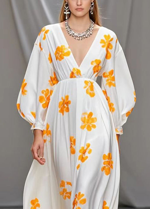 Casual White V Neck Print Silk Vacation Dresses Fall