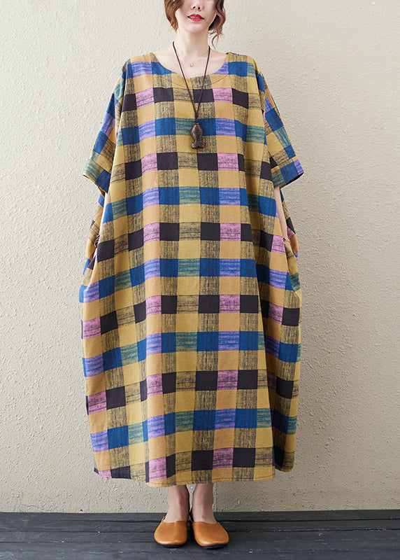 Casual Yellow Plaid O-Neck Long Dress Summer