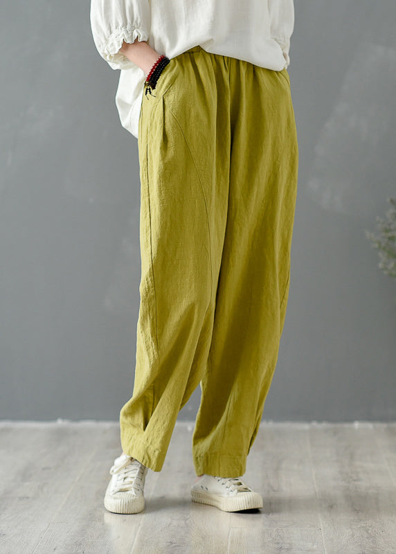 Casual Yellow Pockets Elastic Waist Linen Pants Spring