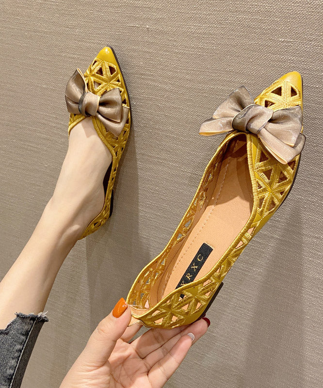 Casual Yellow Pointed Toe Hollow Out Bow Flat Feet Shoes