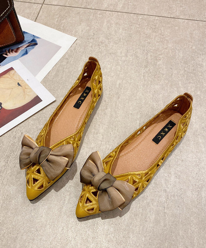 Casual Yellow Pointed Toe Hollow Out Bow Flat Feet Shoes