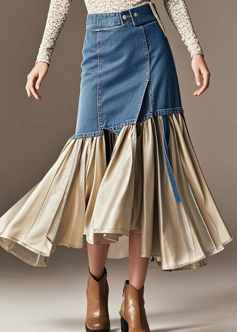 Champagne Patchwork Denim Wraped Skirts Wrinkled Fall