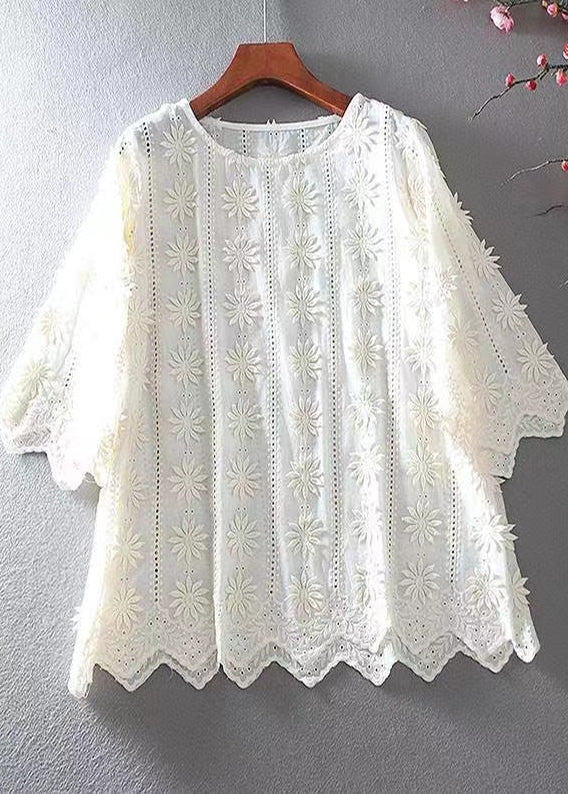 Chic Apricot Embroidered Hollow Out Cotton Top Half Sleeve