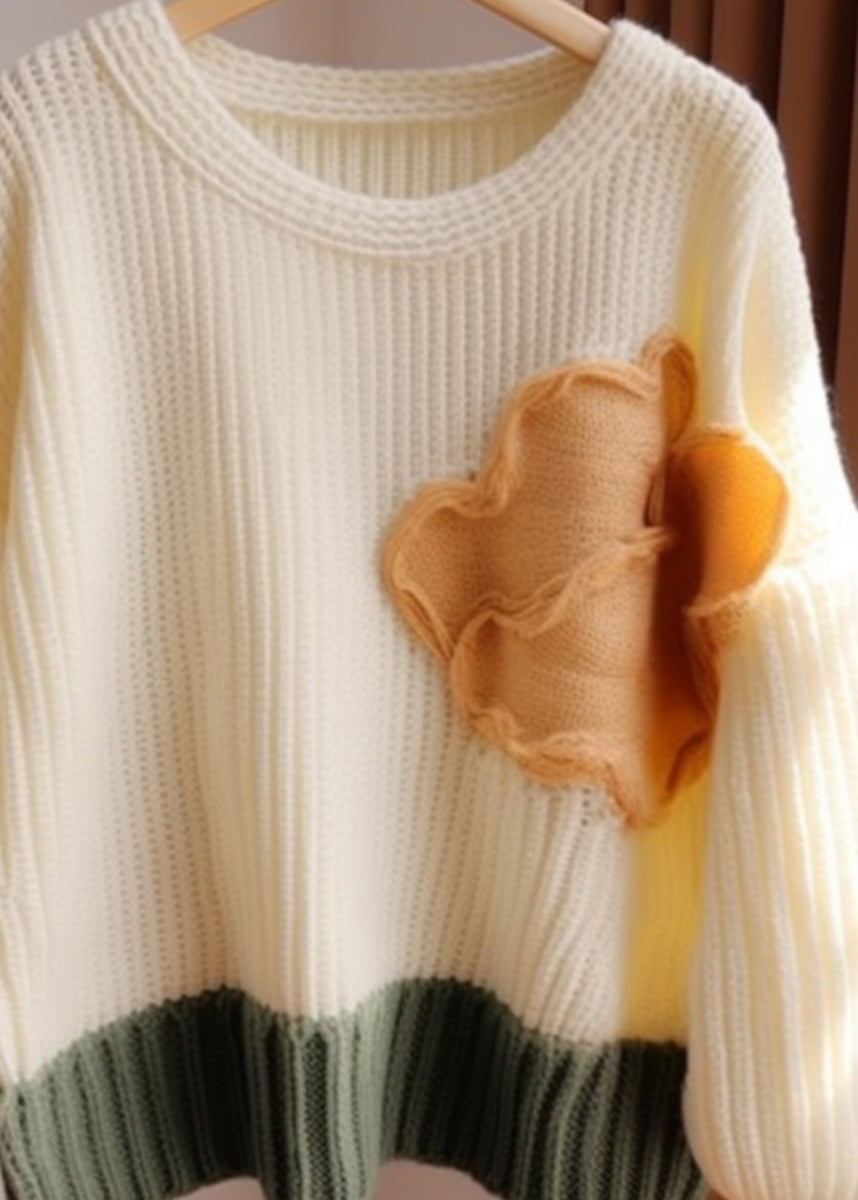 Chic Apricot O Neck Patchwork Knit Sweater Fall