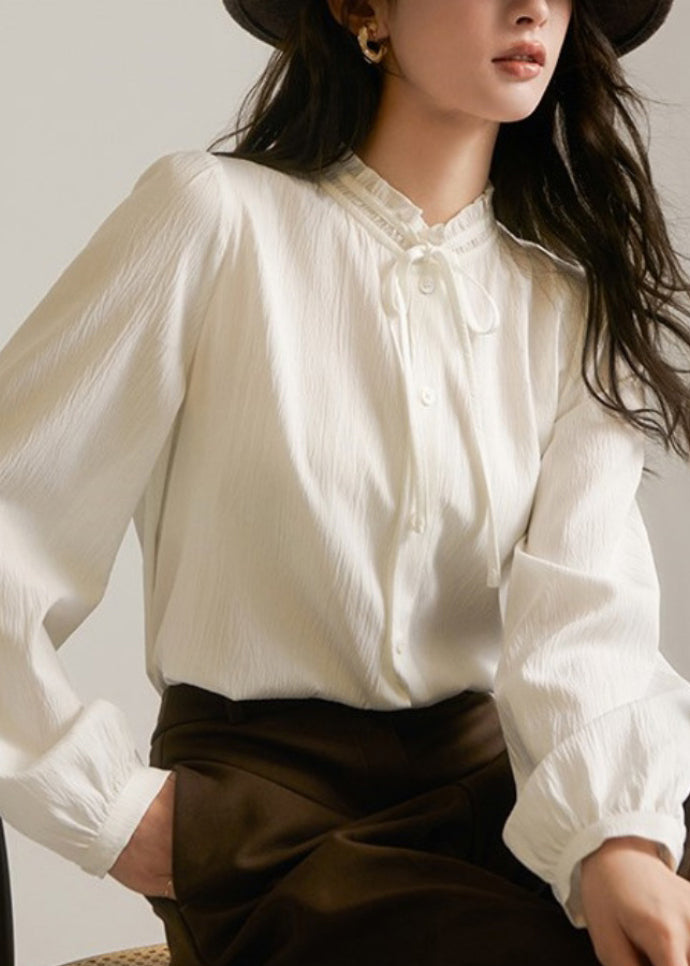 Chic Apricot Ruffled Patchwork Button Solid Shirt Fall