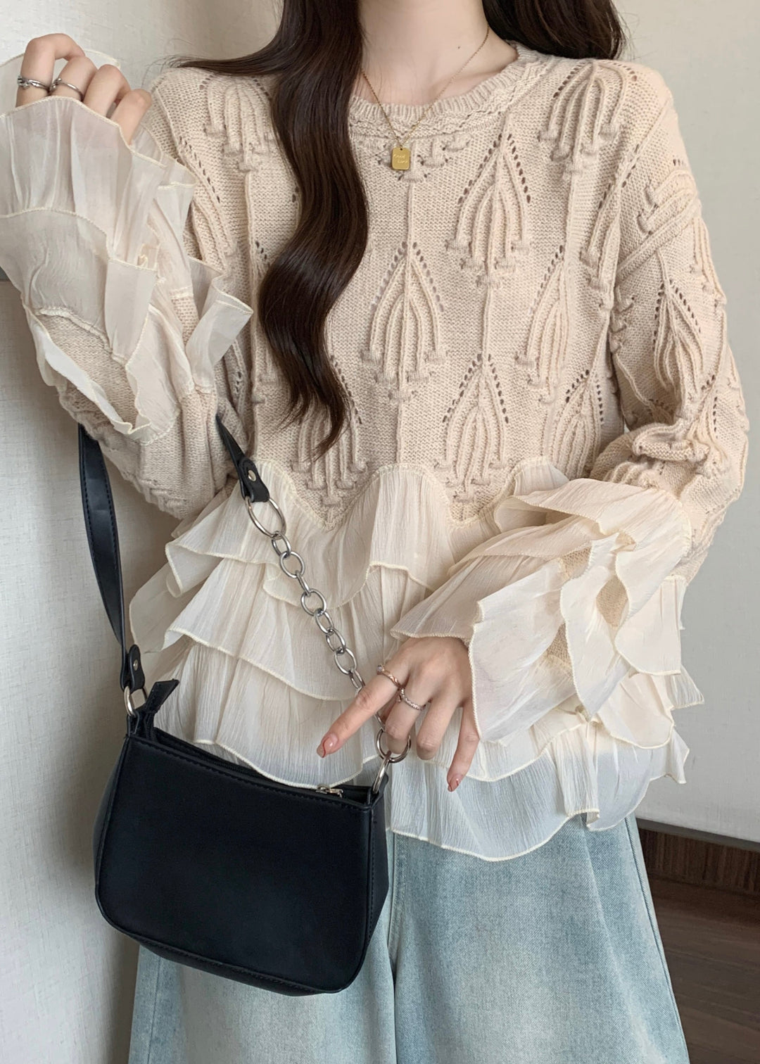 Chic Apricot Ruffled Patchwork Knit Sweater Tops Fall