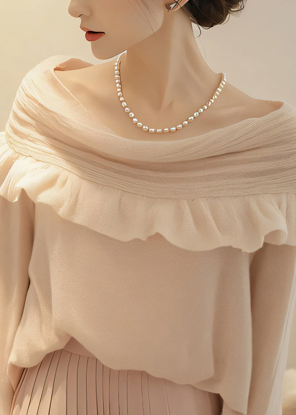 Chic Apricot Slash Neck Ruffled Patchwork Knit Sweaters Spring