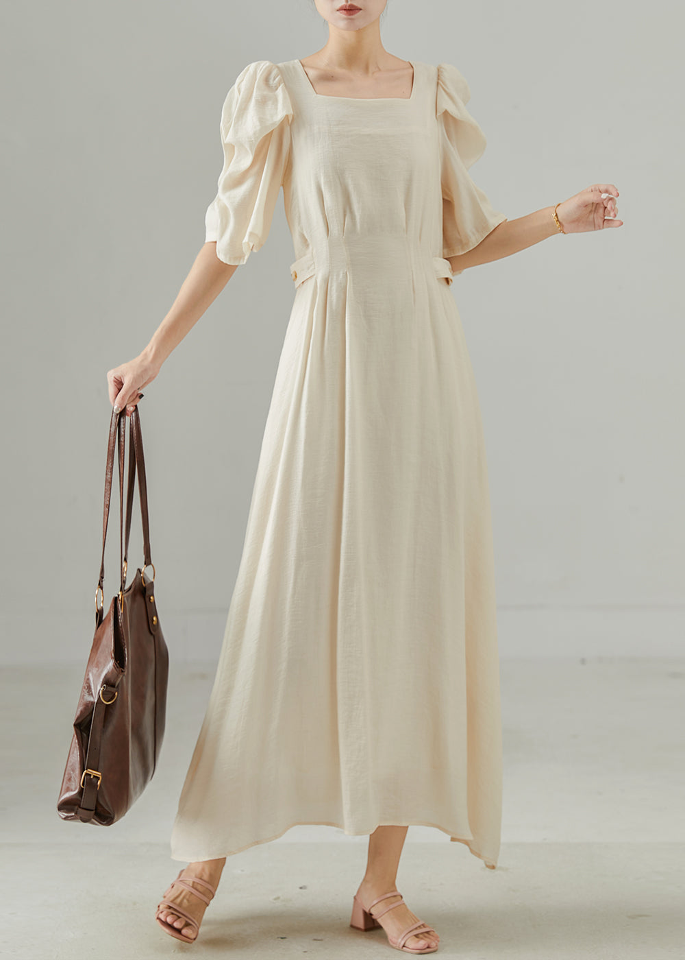 Chic Beige Square Collar Cotton Cinched Dress Puff Sleeve