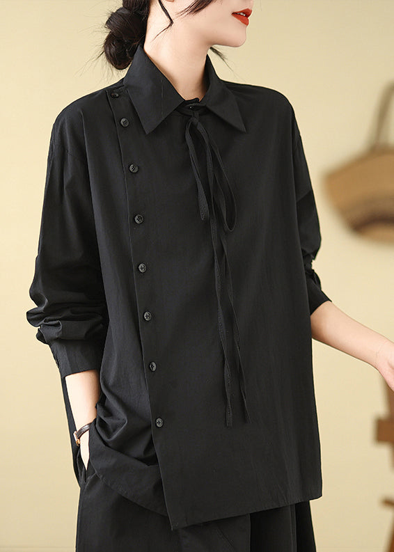 Chic Black Asymmetrical Cotton Shirt Spring