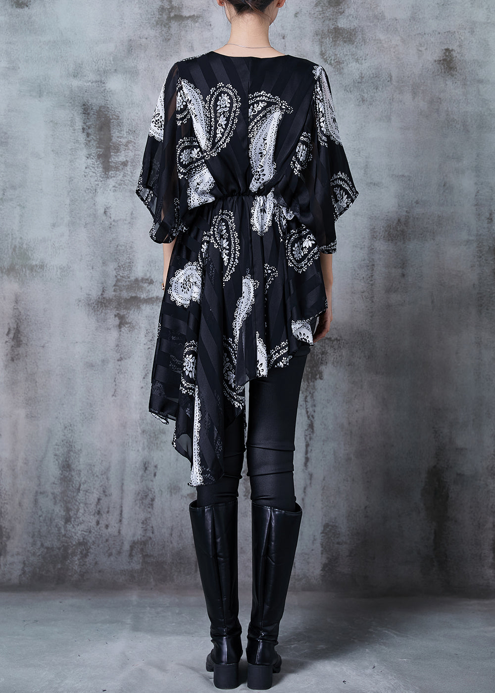 Chic Black Asymmetrical Print Chiffon Shirt Summer