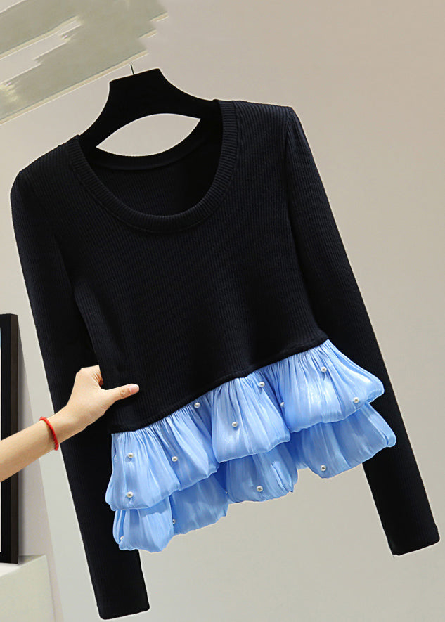 Chic Black Chiffon Patchwork Nail Bead Cotton Knit Top