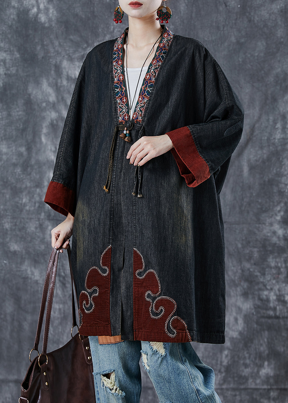 Chic Black Embroidered Patchwork Denim Coats Spring