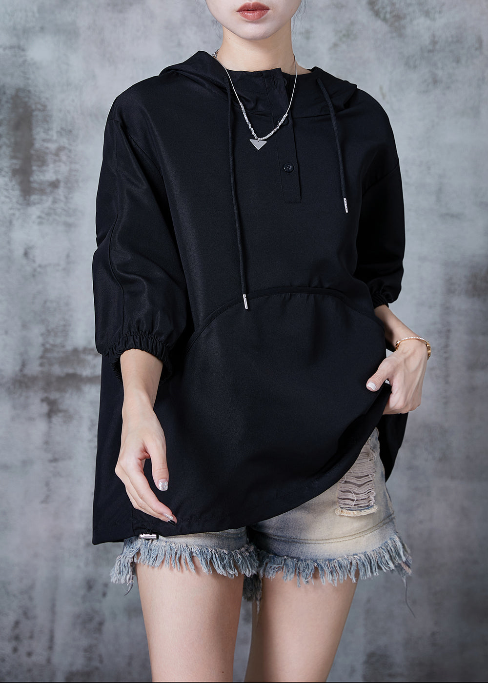 Chic Black Hooded Wrinkled Cotton Pullover Tops Summer