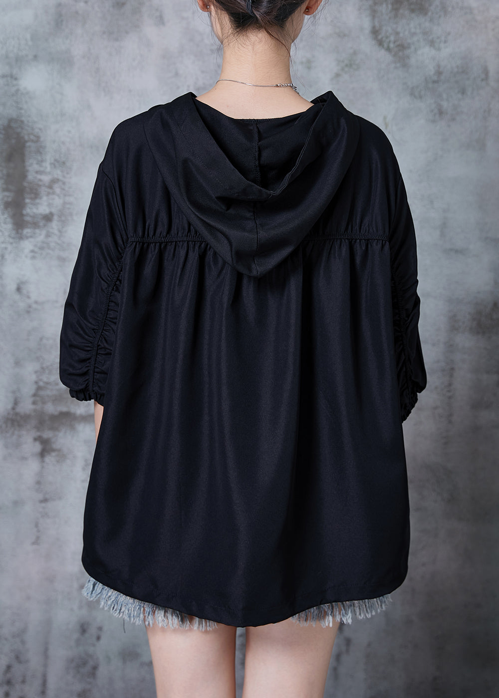 Chic Black Hooded Wrinkled Cotton Pullover Tops Summer