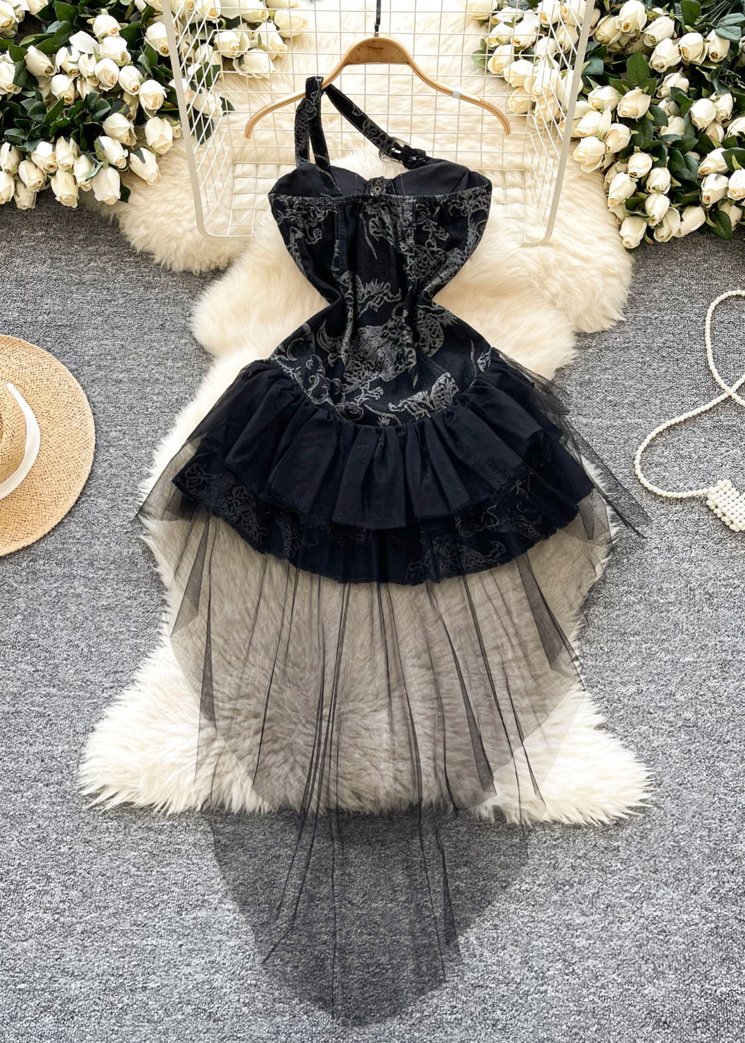 Chic Black Patchwork Tulle Denim Strapless Dress Summer