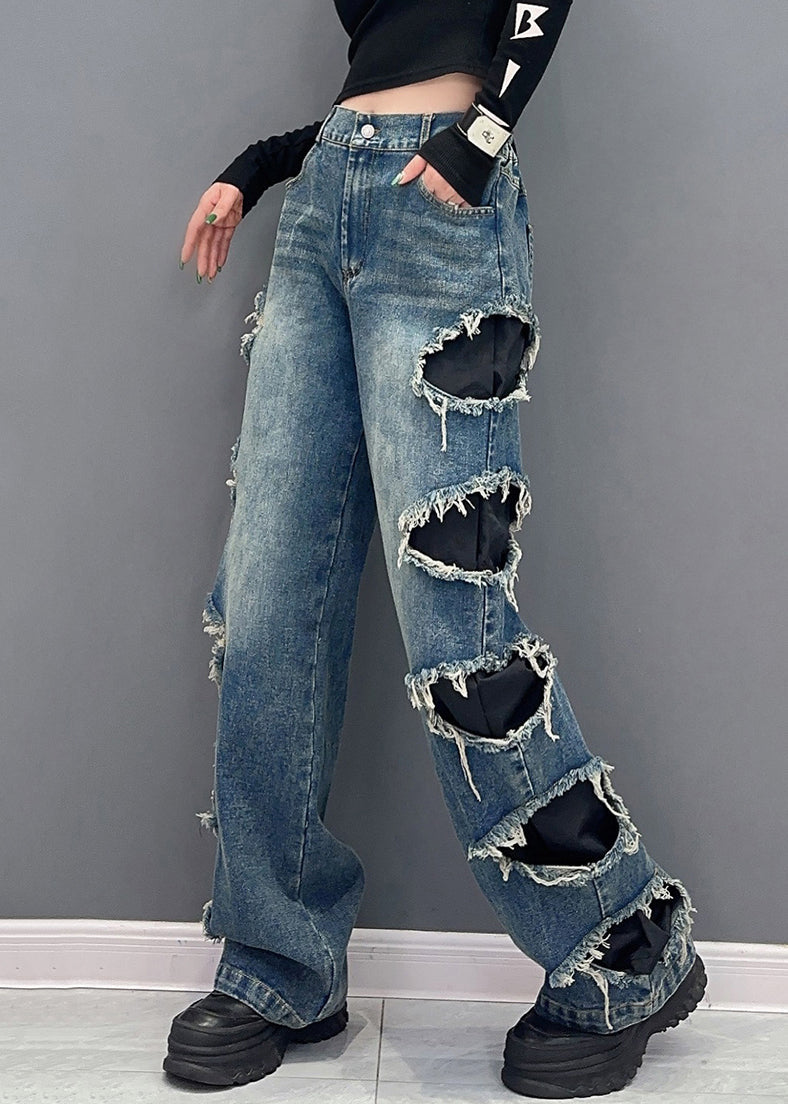 Chic Black Pockets High Waist Denim Pants Spring