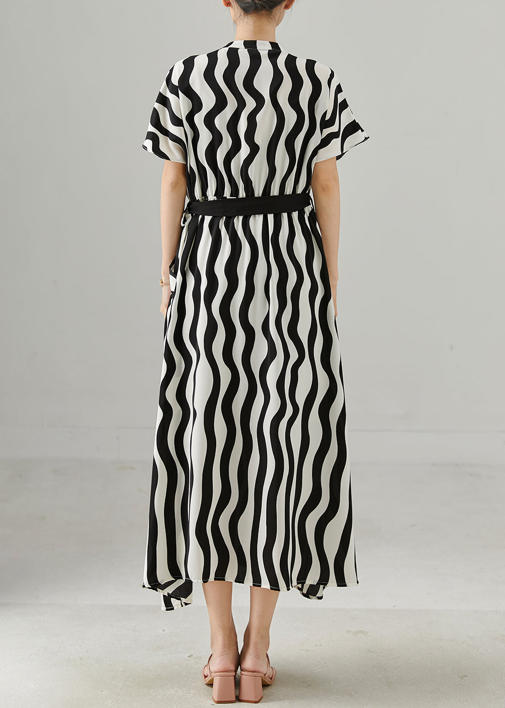 Chic Black Tie Waist Striped Chiffon Work Dress Summer