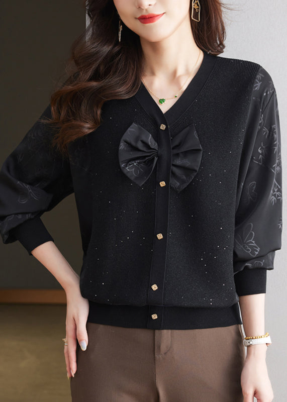 Chic Black V Neck Bow Silk Patchwork Knit Shirt Top Spring