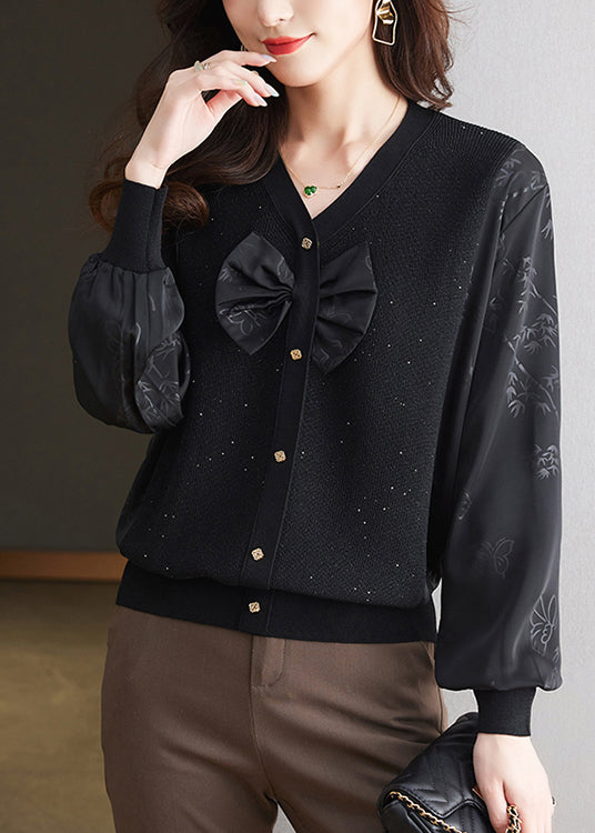 Chic Black V Neck Bow Silk Patchwork Knit Shirt Top Spring