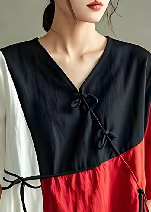 Chic Black V Neck Button Cotton Blouse Summer