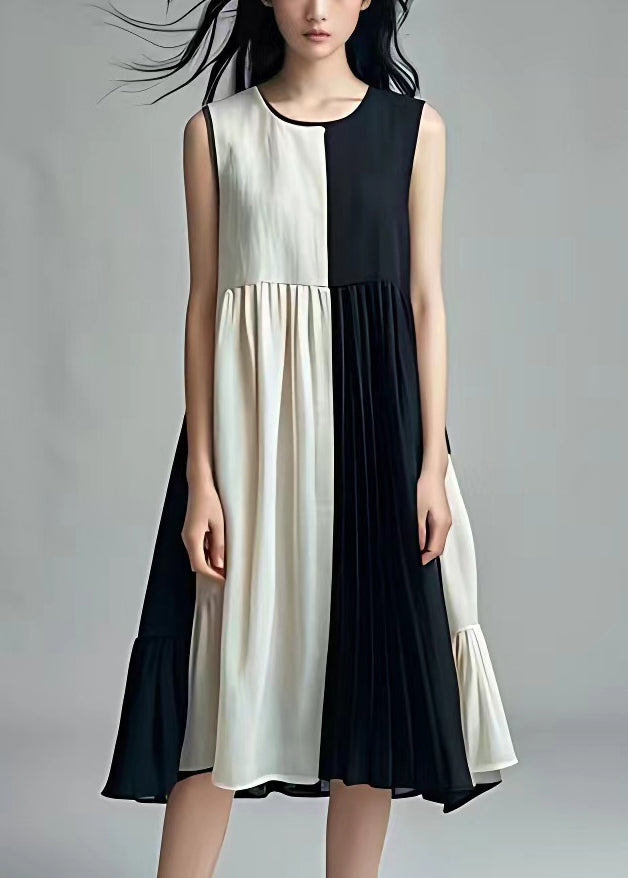 Chic Black Wrinkled Patchwork Cotton Dresses Sleeveless