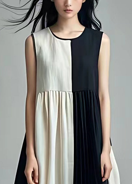 Chic Black Wrinkled Patchwork Cotton Dresses Sleeveless