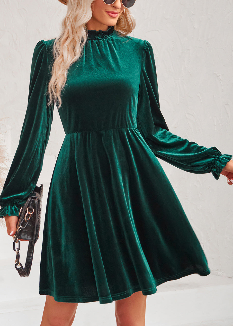 Chic Blackish Green Ruffled Patchwork Velvet Mid Dress Fall