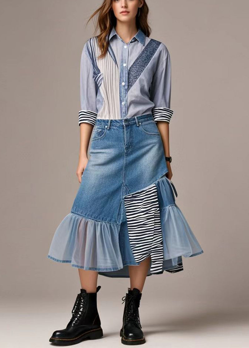 Chic Blue Asymmetrical Patchwork Tulle Denim Skirts Spring