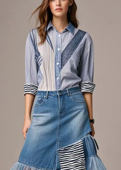 Chic Blue Asymmetrical Patchwork Tulle Denim Skirts Spring