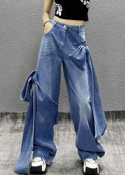 Chic Blue Bow Pockets High Waist Denim Pants Summer