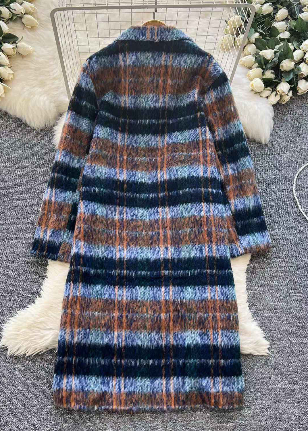 Chic Blue Button Plaid Pockets Woolen Coats Winter