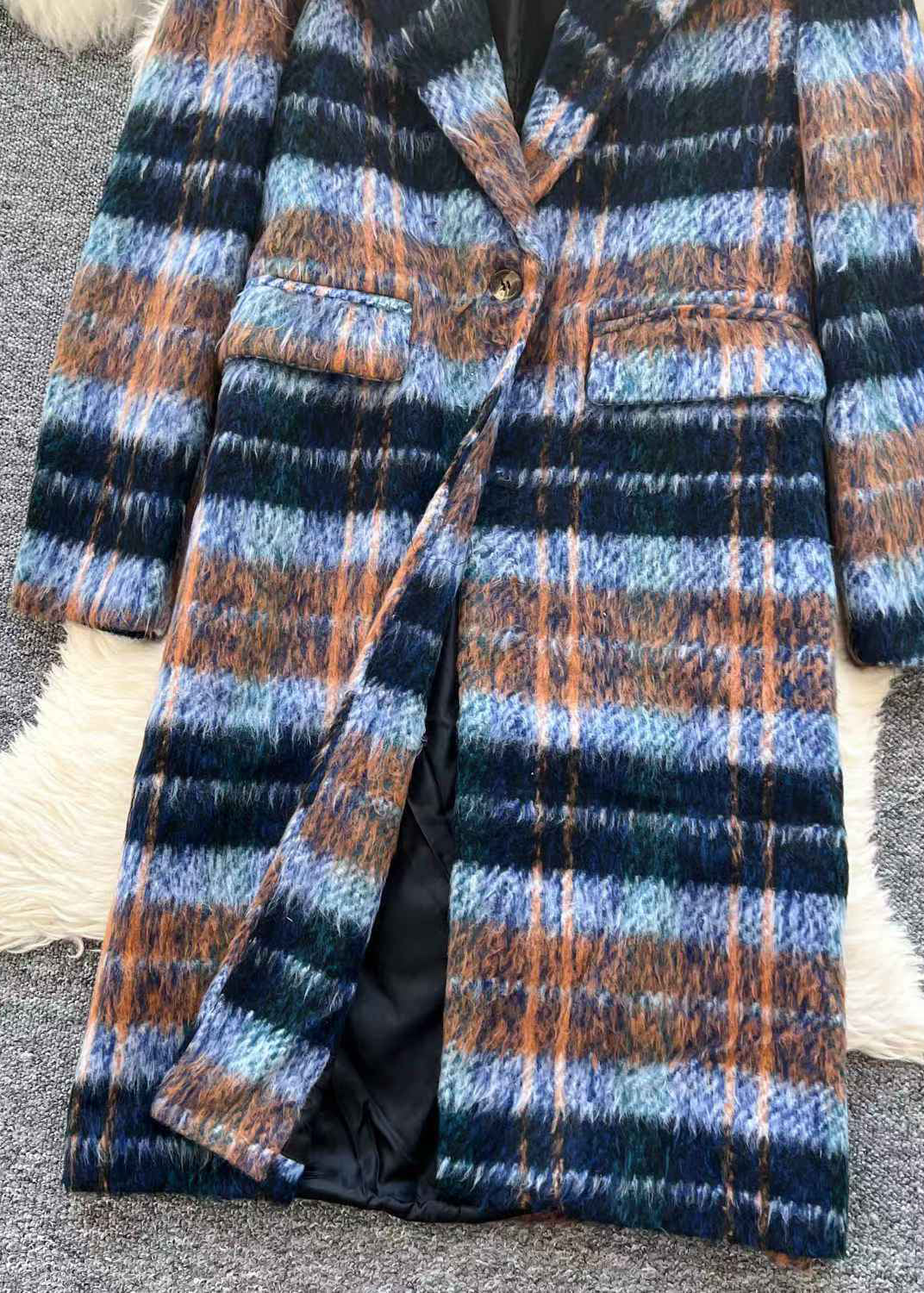 Chic Blue Button Plaid Pockets Woolen Coats Winter